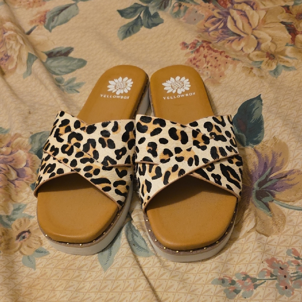 Yellow Box Leopard Print Crossband Slide Sandals in Tan and Black